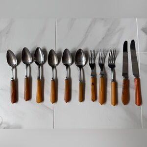 Vtg Misc. Butterscotch Handle Bakelite Stainless Flatware 11 Pieces